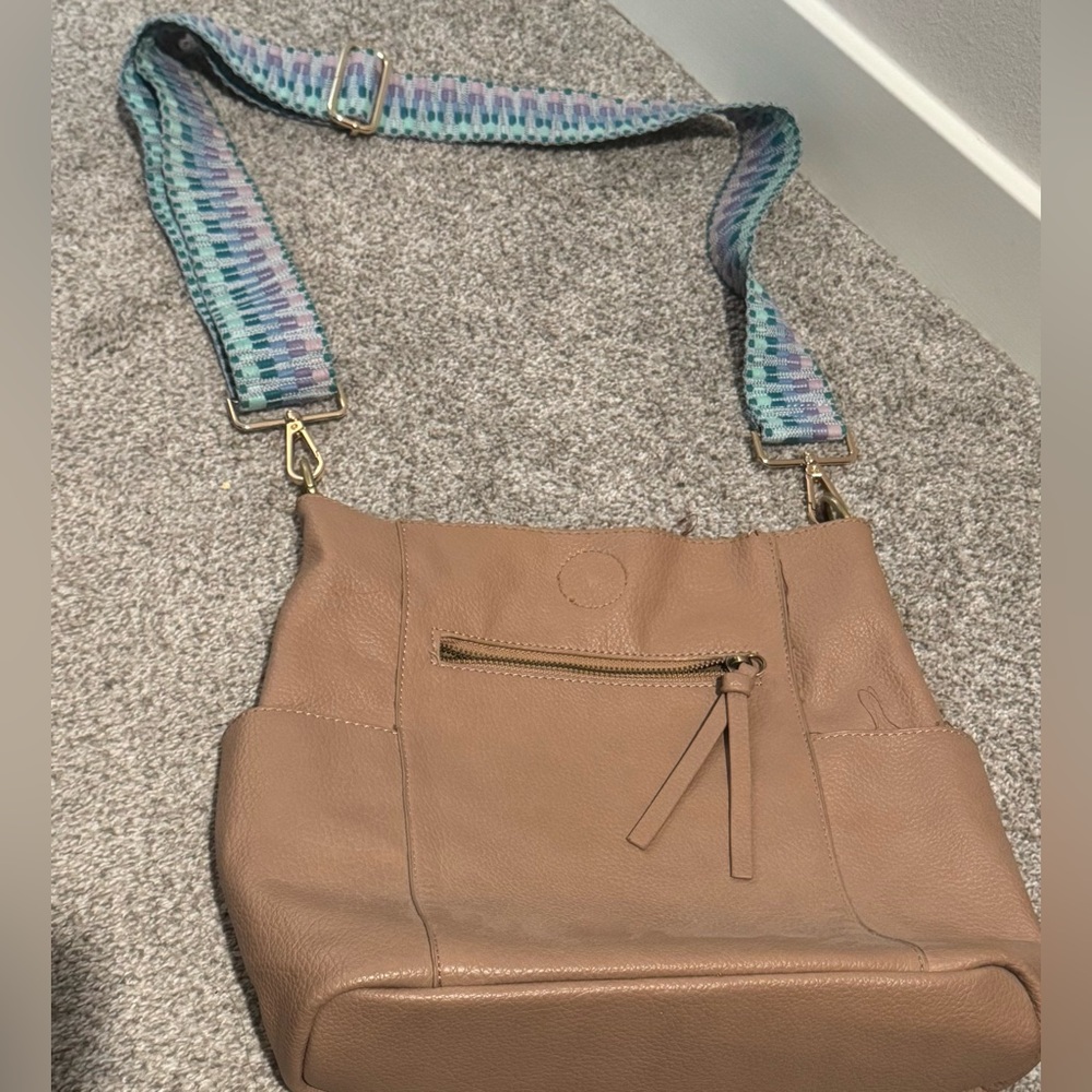 Joy Tan Vegan Leather Bag with 2 Patterned Straps-Make sure to read description